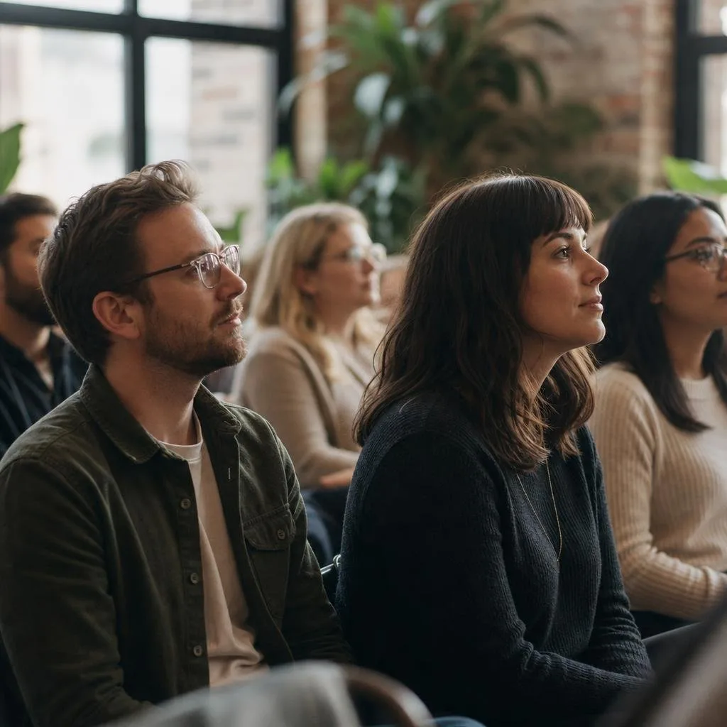 Members of a meetup chatting over drinks in a bright loft space